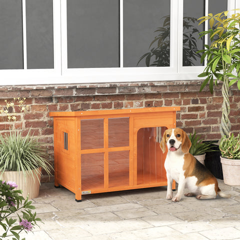 Casa para Cães de Exterior Casota para Cães Pequenos Médios com Teto Asfáltico 2 Janelas Porta com Cortina Transparente e Base Amovível 90x62x71 cm Madeira