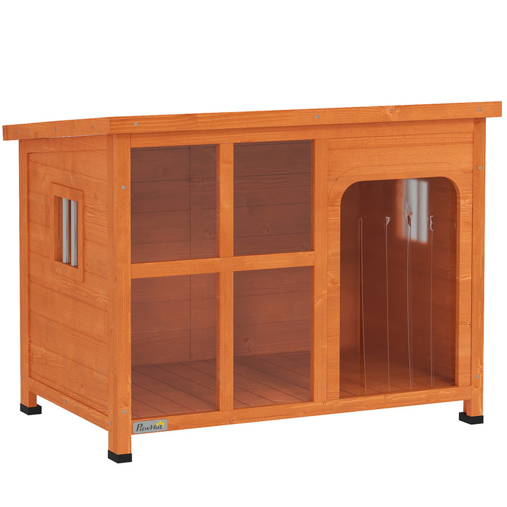 Casa para Cães de Exterior Casota para Cães Pequenos Médios com Teto Asfáltico 2 Janelas Porta com Cortina Transparente e Base Amovível 90x62x71 cm Madeira