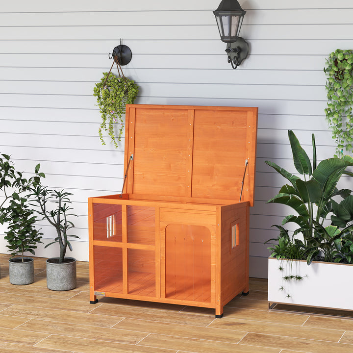 Casa para Cães de Exterior Casota para Cães Pequenos Médios com Teto Asfáltico 2 Janelas Porta com Cortina Transparente e Base Amovível 90x62x71 cm Madeira