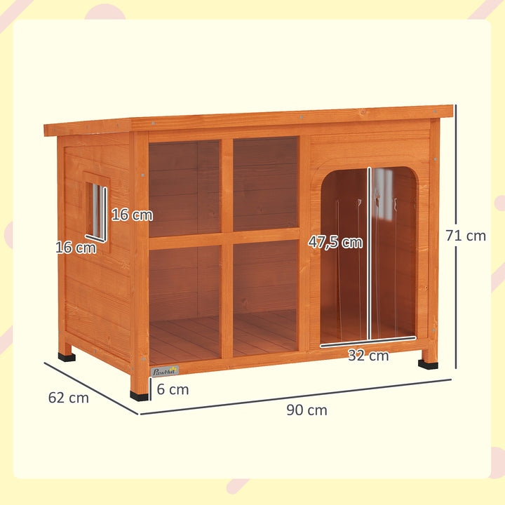 Casa para Cães de Exterior Casota para Cães Pequenos Médios com Teto Asfáltico 2 Janelas Porta com Cortina Transparente e Base Amovível 90x62x71 cm Madeira