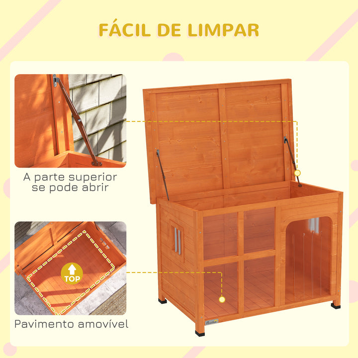 Casa para Cães de Exterior Casota para Cães Pequenos Médios com Teto Asfáltico 2 Janelas Porta com Cortina Transparente e Base Amovível 90x62x71 cm Madeira