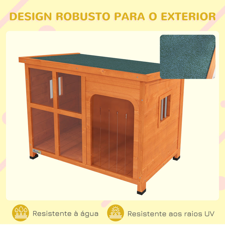 Casa para Cães de Exterior Casota para Cães Pequenos Médios com Teto Asfáltico 2 Janelas Porta com Cortina Transparente e Base Amovível 90x62x71 cm Madeira