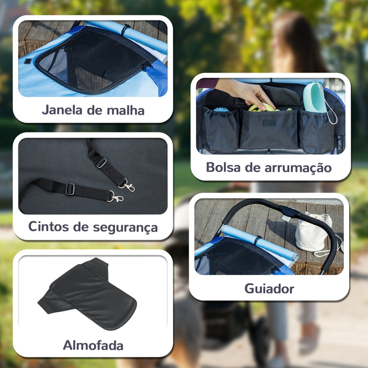 Carrinho para Cães Dobrável Carrinho para Cães Grandes com Rodas Grandes Correias de Segurança Estrutura Amortecedora Almofada Lavável 124x67x100 cm Azul
