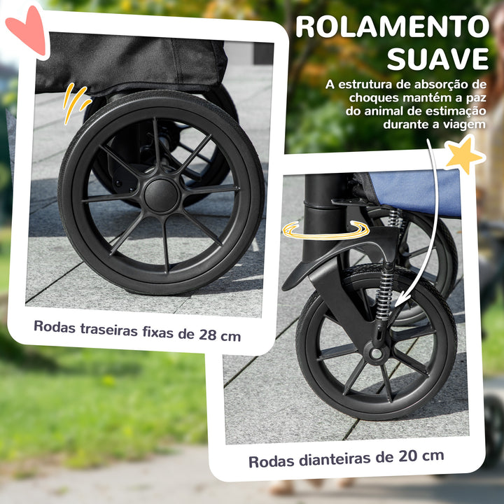 Carrinho para Cães Dobrável Carrinho para Cães Grandes com Rodas Grandes Correias de Segurança Estrutura Amortecedora Almofada Lavável 124x67x100 cm Azul