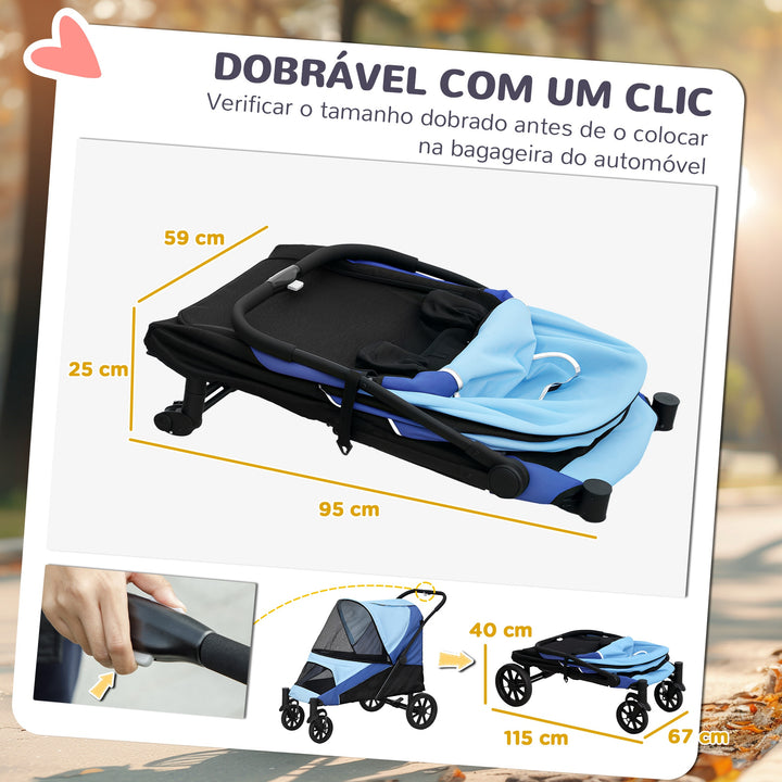 Carrinho para Cães Dobrável Carrinho para Cães Grandes com Rodas Grandes Correias de Segurança Estrutura Amortecedora Almofada Lavável 124x67x100 cm Azul