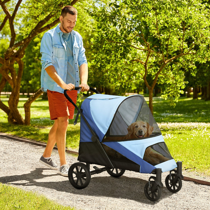 Carrinho para Cães Dobrável Carrinho para Cães Grandes com Rodas Grandes Correias de Segurança Estrutura Amortecedora Almofada Lavável 124x67x100 cm Azul