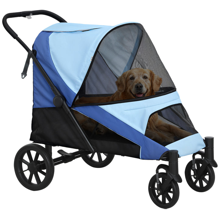 Carrinho para Cães Dobrável Carrinho para Cães Grandes com Rodas Grandes Correias de Segurança Estrutura Amortecedora Almofada Lavável 124x67x100 cm Azul