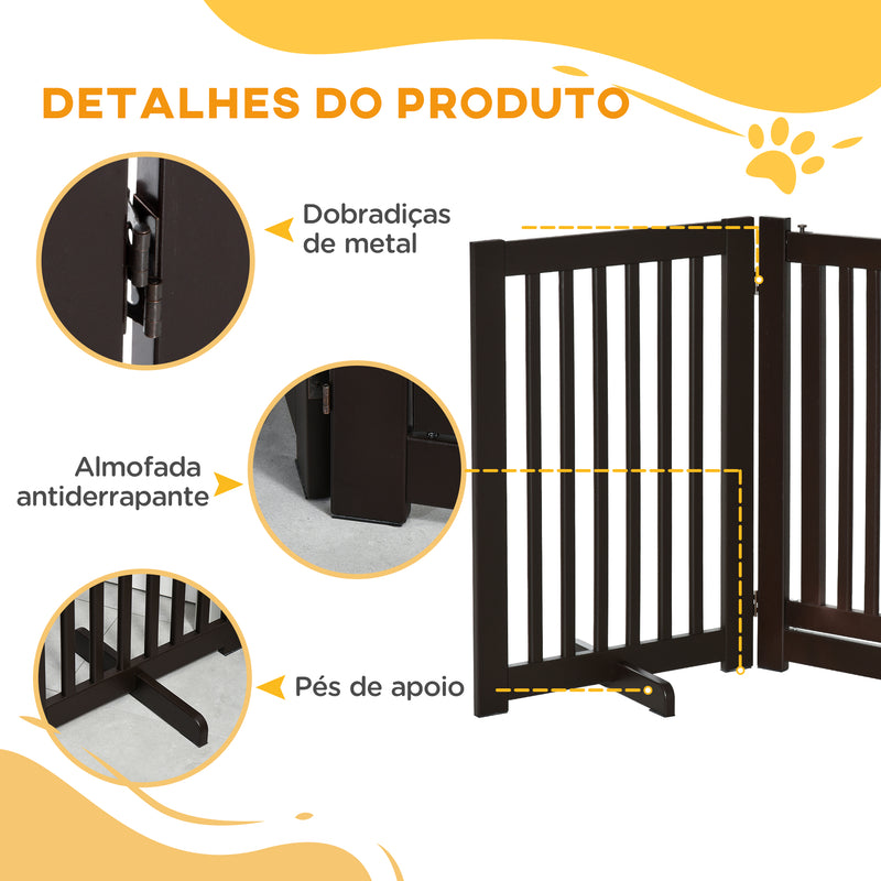 Barreira para Cães de Madeira Barreira para Animais de Estimação Dobrável de 3 Painéis com 1 Porta e Pés de Apoio para Corredor Escada 155x35,5x76 cm Marrom Escuro