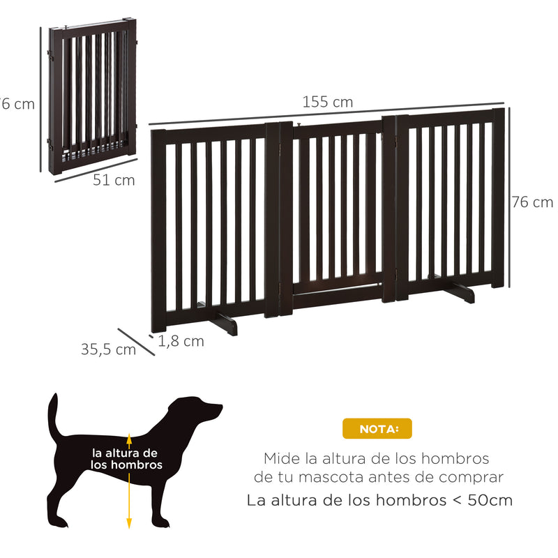 Barreira para Cães de Madeira Barreira para Animais de Estimação Dobrável de 3 Painéis com 1 Porta e Pés de Apoio para Corredor Escada 155x35,5x76 cm Marrom Escuro