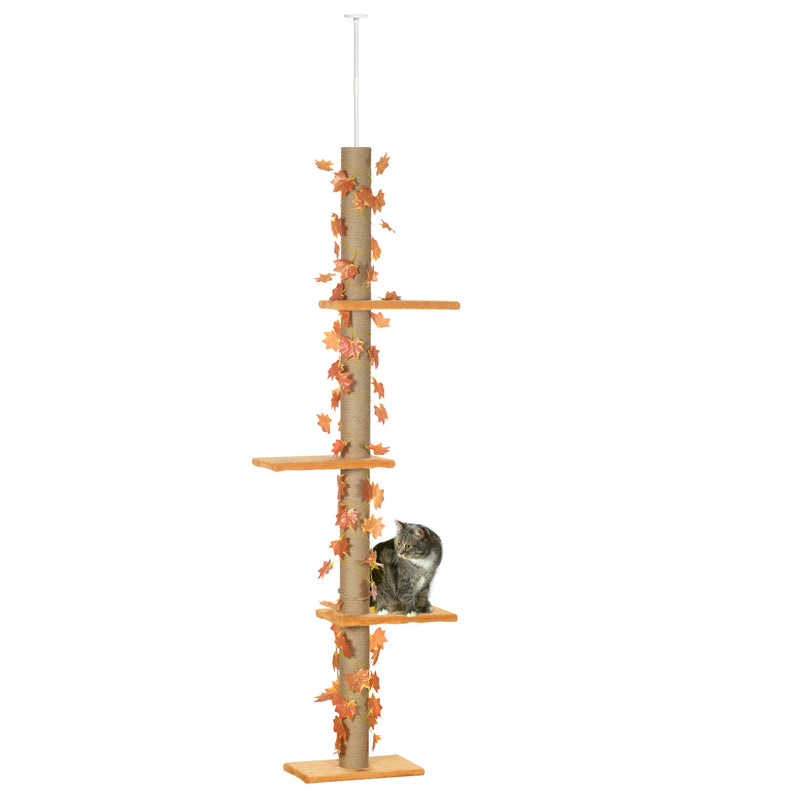 Árvore para Gatos do Chão ao Teto 37x21x202-242 cm Torre Arranhador para Gatos com Altura Ajustável 3 Plataformas Poste de Juta e Decoração de Folha de Acer Laranja