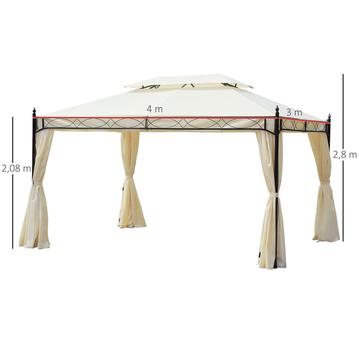 Pérgola de Jardim 4x3m Pérgola com Teto Duplo Respirável com 4 Cortinas Laterais Removíveis Estrutura de Aço para Festas Casamentos Eventos Creme