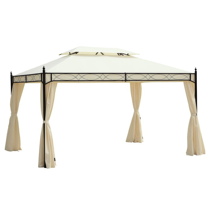 Pérgola de Jardim 4x3m Pérgola com Teto Duplo Respirável com 4 Cortinas Laterais Removíveis Estrutura de Aço para Festas Casamentos Eventos Creme