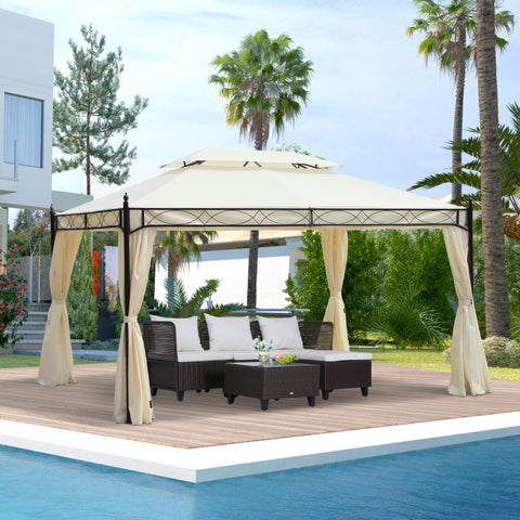 Pérgola de Jardim 4x3m Pérgola com Teto Duplo Respirável com 4 Cortinas Laterais Removíveis Estrutura de Aço para Festas Casamentos Eventos Creme