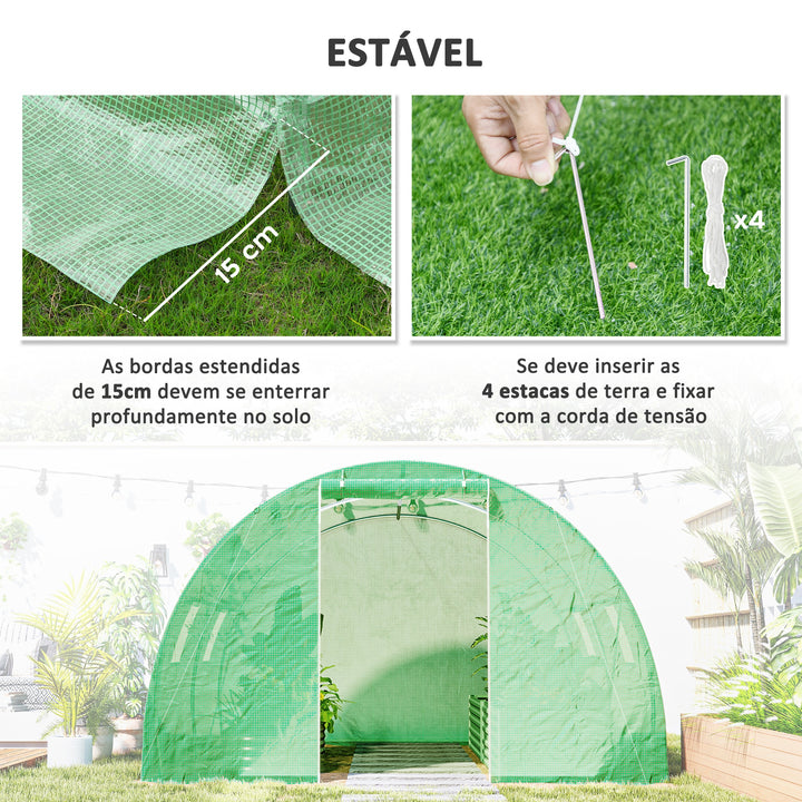 Estufa Tipo Túnel 3x3x2 m Estufa de Exterior com Paredes Laterais Enroláveis 4 Janelas de Malha e Porta Enrolável com Fecho de Correr para Jardim Pátio Verde