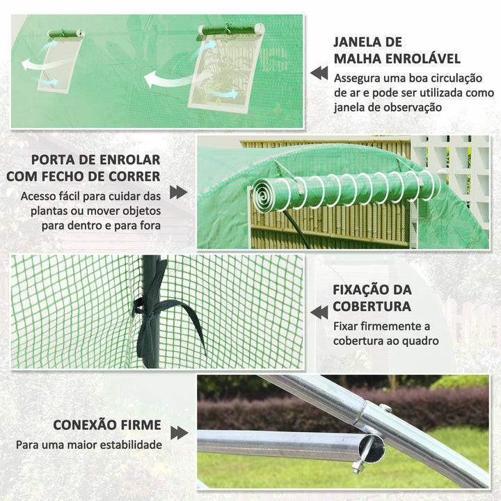 Estufa Tipo Túnel 3x3x2 m Estufa de Exterior com Paredes Laterais Enroláveis 4 Janelas de Malha e Porta Enrolável com Fecho de Correr para Jardim Pátio Verde