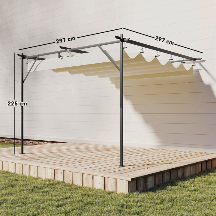 Pérgola de Jardim Adossada 3x3 m Pérgola Exterior com Telhado Retrátil Proteção UPF30+ Orifícios de Drenagem e Estrutura Metálica Ideal para Terraço Pátio Cor Creme