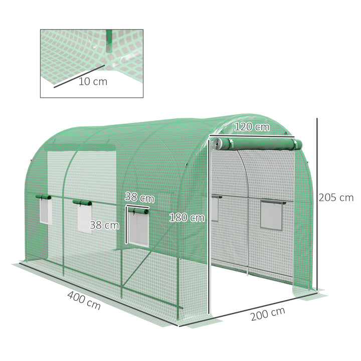 Estufa tipo Túnel 400x200x205 cm Estufa de Jardim com Porta Enrolável e 6 Janelas Cobertura de PE 140 g/m² Estrutura de Metal para Cultivo de Plantas Verduras Verde