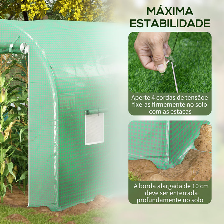 Estufa tipo Túnel 400x200x205 cm Estufa de Jardim com Porta Enrolável e 6 Janelas Cobertura de PE 140 g/m² Estrutura de Metal para Cultivo de Plantas Verduras Verde