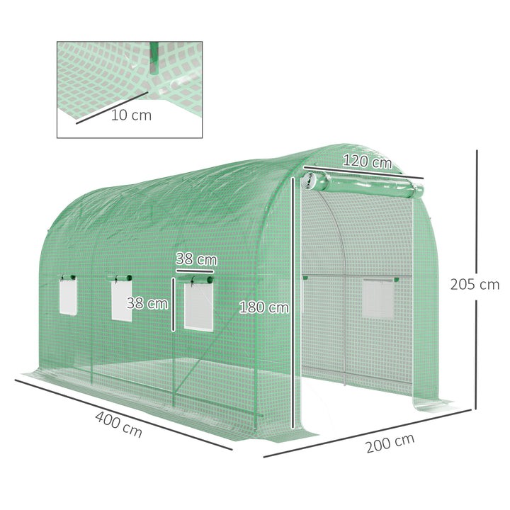 Estufa tipo Túnel 400x200x205 cm Estufa de Jardim com Porta Enrolável e 6 Janelas Cobertura de PE 140 g/m² Estrutura de Metal para Cultivo de Plantas Verduras Verde