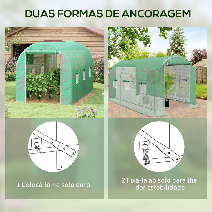 Estufa tipo Túnel 400x200x205 cm Estufa de Jardim com Porta Enrolável e 6 Janelas Cobertura de PE 140 g/m² Estrutura de Metal para Cultivo de Plantas Verduras Verde