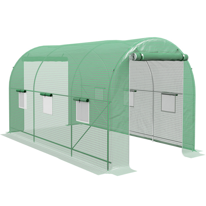 Estufa tipo Túnel 400x200x205 cm Estufa de Jardim com Porta Enrolável e 6 Janelas Cobertura de PE 140 g/m² Estrutura de Metal para Cultivo de Plantas Verduras Verde