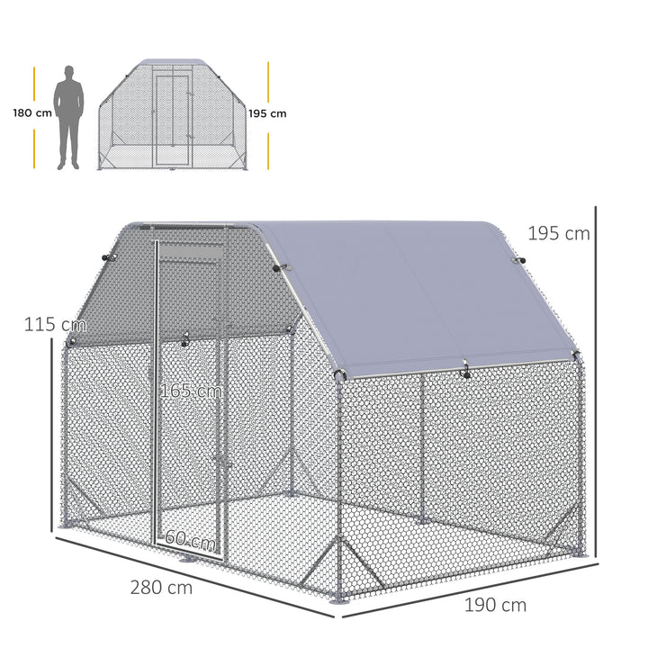 Galinheiro de Exterior, 2,8x1,9x1,95 m, Estrutura de Aço Galvanizado, Cobertura de Tecido Oxford Anti-UV e Impermeável, Capacidade para 4-6 Galinhas e Coelhos, Prata