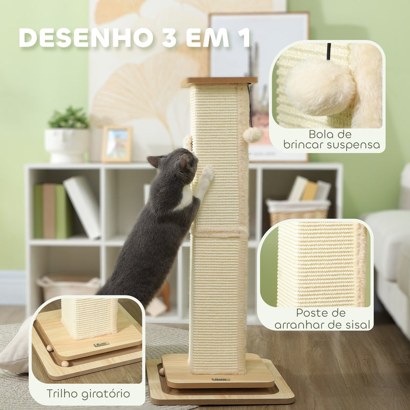 Poste Arranhador para Gatos 87 cm Arranhador para Gatos com Bola Suspensa Trilho com Bola e Poste de Sisal Bege e Madeira