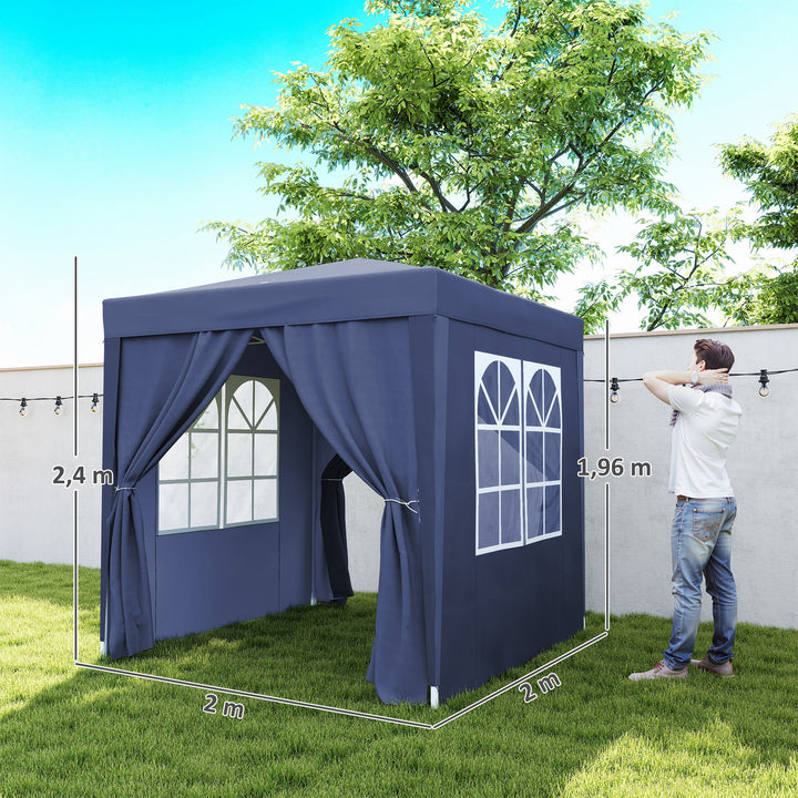 Tenda Dobrável 2x2 m Tenda de Jardim com 4 Paredes Laterais Tecido Oxford 2 Portas 2 Janelas e Bolsa de Transporte para Exterior Terraço Campismo Festas Azul
