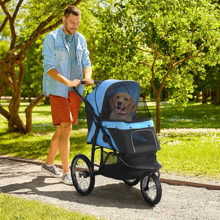 Carrinho para Cães Dobrável Carrinho para Animais de Estimação Carrinho para Cães Médios e Pequenos com Cesta de Armazenamento Capota Ajustável Janela de Malha e 3 Rodas Grandes 111x58x107 cm Azul
