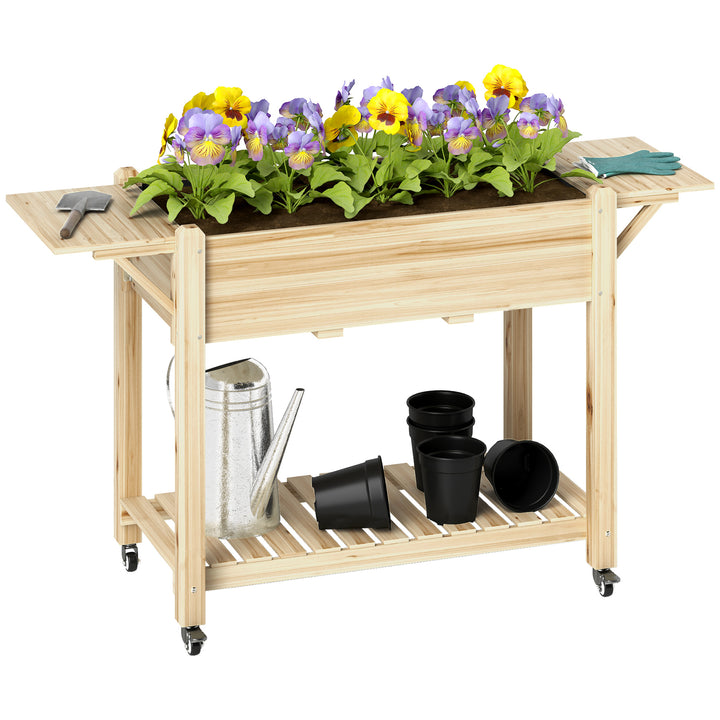 Floreira de Madeira Mesa de Cultivo com Rodas Prateleira e Laterais Dobráveis Floreira Elevada para Cultivo de Flores Vegetais em Jardim Varanda 145x52x86 cm Madeira