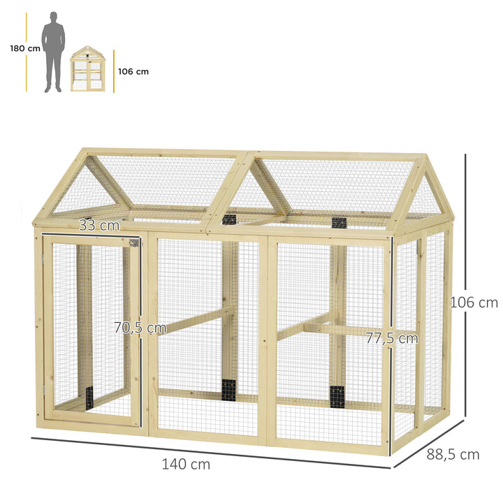 Galinheiro para Exterior 140x88,5x106 cm Galinheiro para 1-3 Galinhas com 3 Poleiros Estrutura de Madeira e 2 Portas com Fechadura para Pátio Madeira Clara