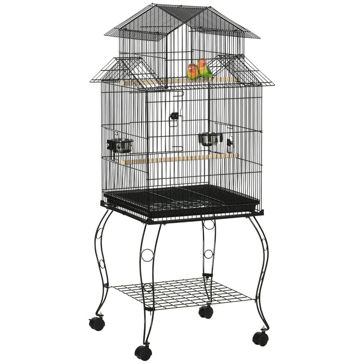 Gaiola para Pássaros com Rodas Gaiola Grande com Suporte 50x49x137 cm com Bandeja Amovível Portas Comedouro Poleiro e Prateleira Inferior para Canários Periquitos Preto