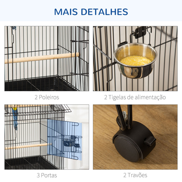 Gaiola para Pássaros com Rodas Gaiola Grande com Suporte 50x49x137 cm com Bandeja Amovível Portas Comedouro Poleiro e Prateleira Inferior para Canários Periquitos Preto