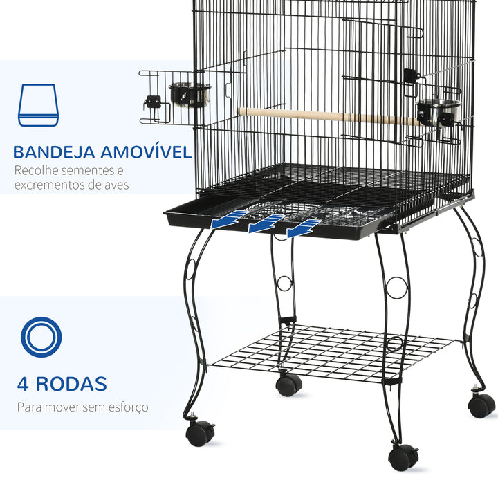 Gaiola para Pássaros com Rodas Gaiola Grande com Suporte 50x49x137 cm com Bandeja Amovível Portas Comedouro Poleiro e Prateleira Inferior para Canários Periquitos Preto