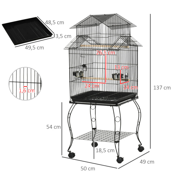 Gaiola para Pássaros com Rodas Gaiola Grande com Suporte 50x49x137 cm com Bandeja Amovível Portas Comedouro Poleiro e Prateleira Inferior para Canários Periquitos Preto
