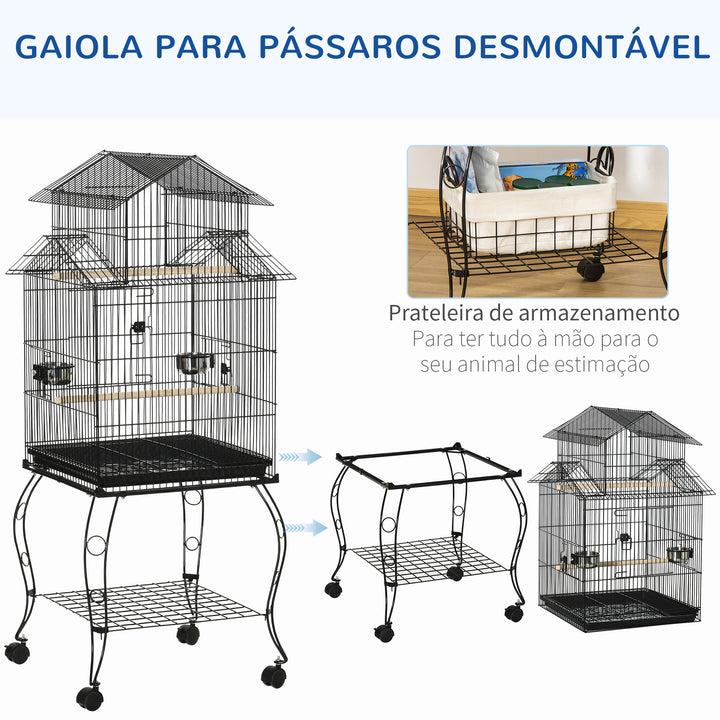 Gaiola para Pássaros com Rodas Gaiola Grande com Suporte 50x49x137 cm com Bandeja Amovível Portas Comedouro Poleiro e Prateleira Inferior para Canários Periquitos Preto