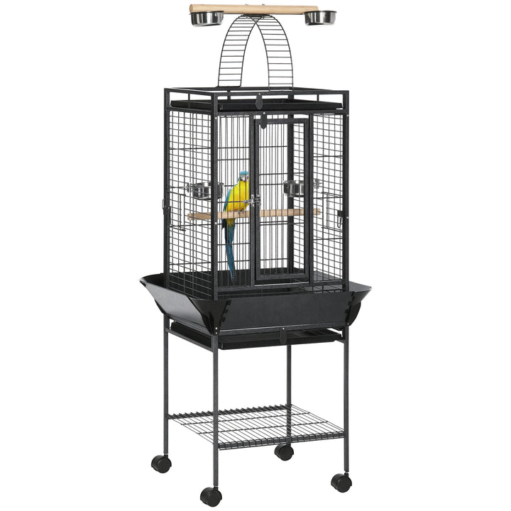 Gaiola para Pássaros com Suporte e Rodas 62,5x62,5x156cm Gaiola Metálica para Aves com Ponte de Arco 2 Poleiros 4 Comedouros 2 Bandejas Removíveis e Prateleira Inferior Cinza