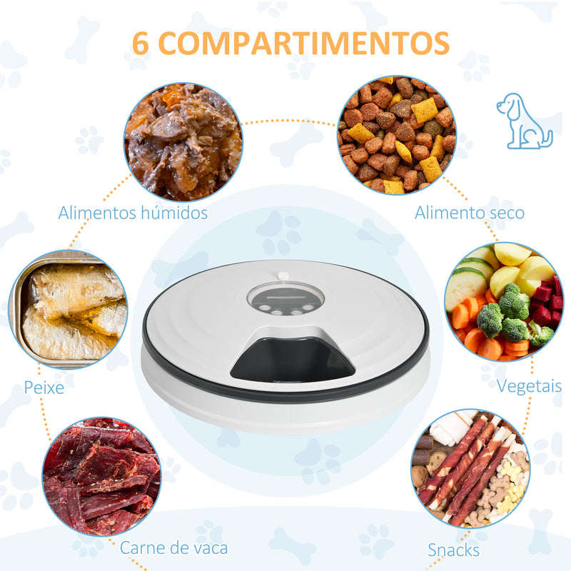 Comedouro Automático para Cães e Gatos Comedouro Automático para Animais de Estimação com Temporizador Ecrã LED Digital 6 Tigelas 128 ml e 4 Comidas Diárias Ø30,5x7,2 cm Branco