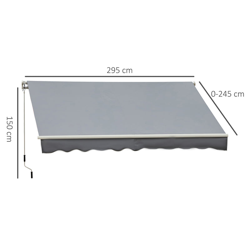 Toldo Manual Retrátil com Manivela 295x245cm Toldo Enrolável Alumínio com Proteção Solar para Janela Portas Balcão Terraço Exterior Cinza