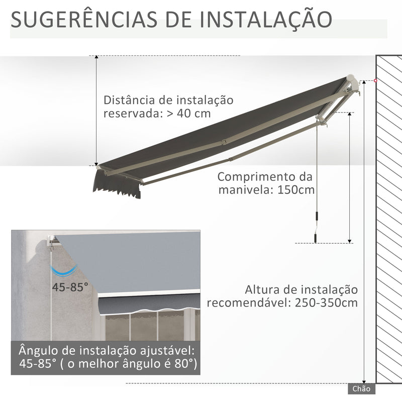 Toldo Manual Retrátil com Manivela 295x245cm Toldo Enrolável Alumínio com Proteção Solar para Janela Portas Balcão Terraço Exterior Cinza