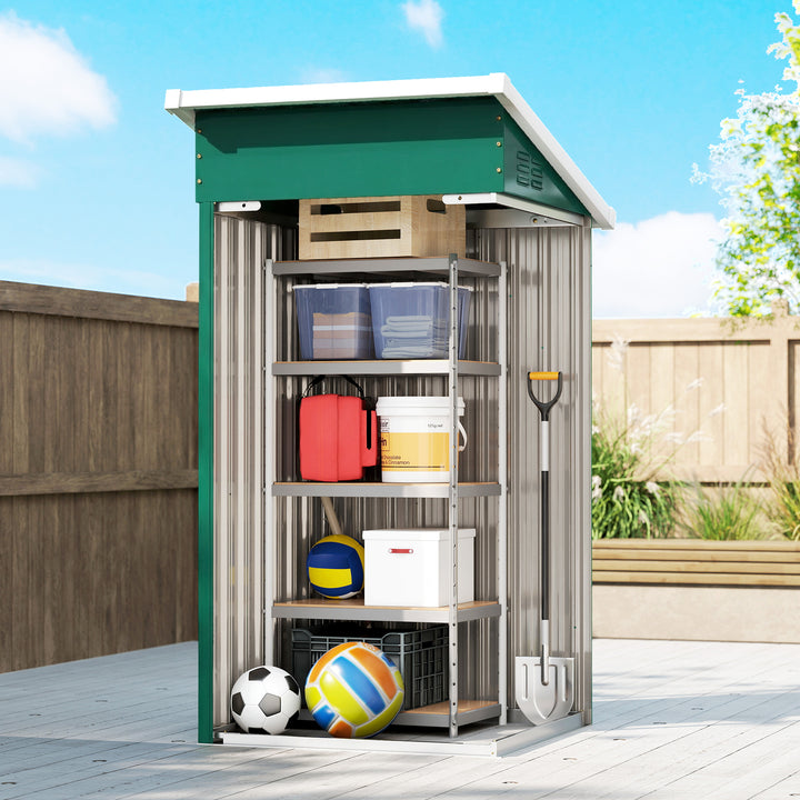 Abrigo Exterior Metálico 107,5x91x185 cm Abrigo de Jardim com Teto Inclinado Porta com Trinco Ventilação e Luvas Abrigo de Armazenamento para Ferramentas Verde