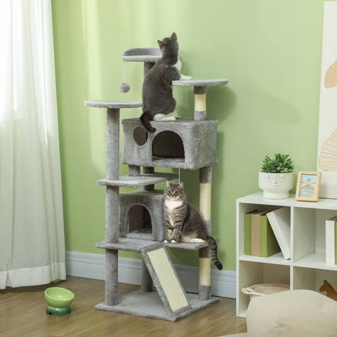Arranhador para Gatos Altura 138 cm Arranhador para Gatos Torre de Escalada com Postes Arranhadores de Sisal Plataformas Cavernas Bolas Pendentes e Redes Cinza Claro