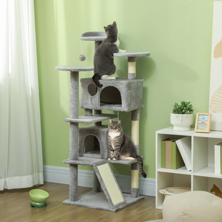 Arranhador para Gatos Altura 138 cm Arranhador para Gatos Torre de Escalada com Postes Arranhadores de Sisal Plataformas Cavernas Bolas Pendentes e Redes Cinza Claro