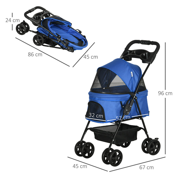 Carrinho dobrável para animais de estimação desmontável para cães de aço Oxford rodas giratórias freios janela 67x45x96 cm azul