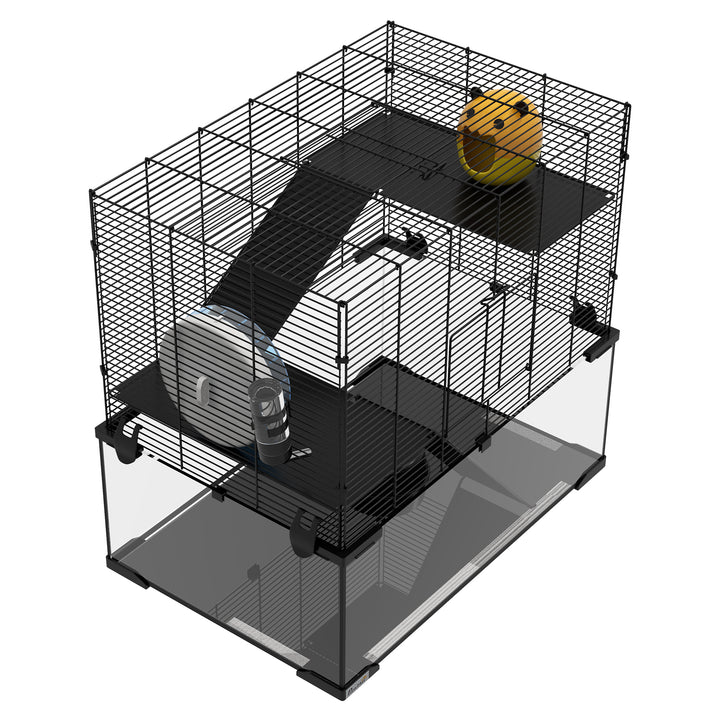 Gaiola para Hamster Gaiola para Roedores Pequenos com Fundo de Vidro Plataformas Comedouro Bebedouro Casa Rampas e Roda de Exercício 60x40x54,5 cm Preto