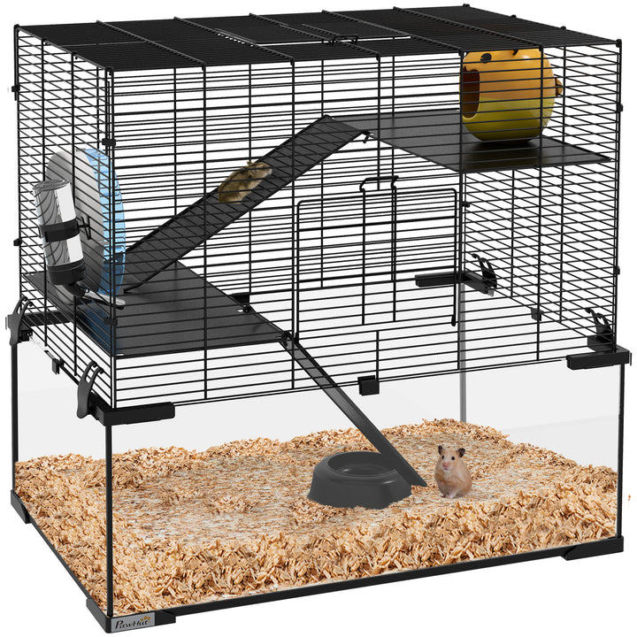 Gaiola para Hamster Gaiola para Roedores Pequenos com Fundo de Vidro Plataformas Comedouro Bebedouro Casa Rampas e Roda de Exercício 60x40x54,5 cm Preto