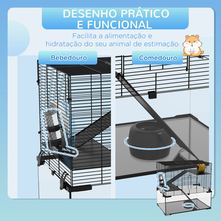 Gaiola para Hamster Gaiola para Roedores Pequenos com Fundo de Vidro Plataformas Comedouro Bebedouro Casa Rampas e Roda de Exercício 60x40x54,5 cm Preto