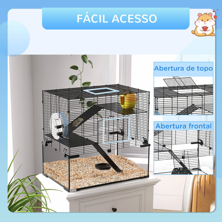 Gaiola para Hamster Gaiola para Roedores Pequenos com Fundo de Vidro Plataformas Comedouro Bebedouro Casa Rampas e Roda de Exercício 60x40x54,5 cm Preto
