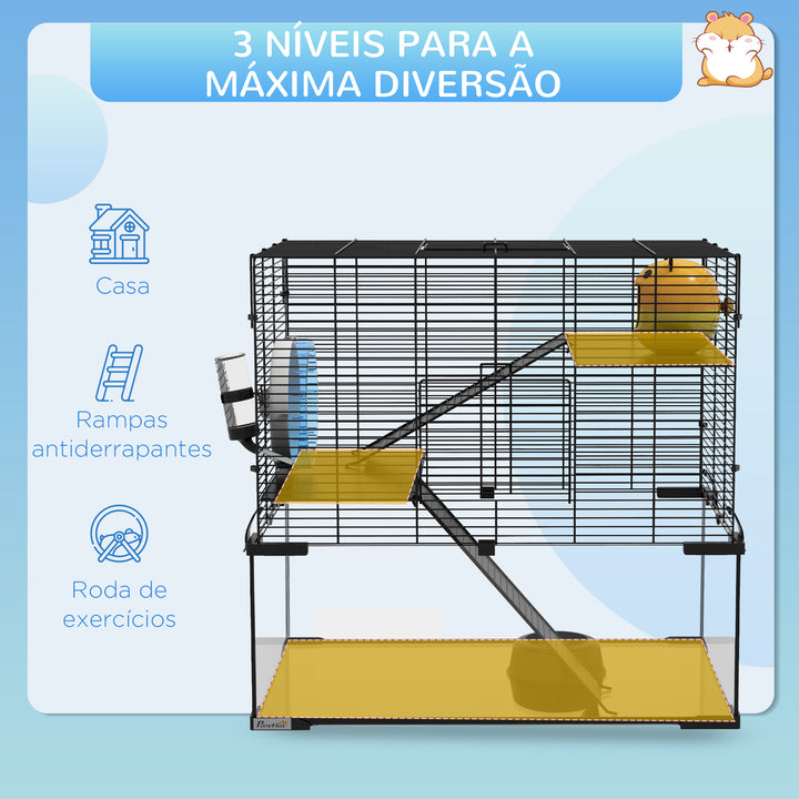 Gaiola para Hamster Gaiola para Roedores Pequenos com Fundo de Vidro Plataformas Comedouro Bebedouro Casa Rampas e Roda de Exercício 60x40x54,5 cm Preto