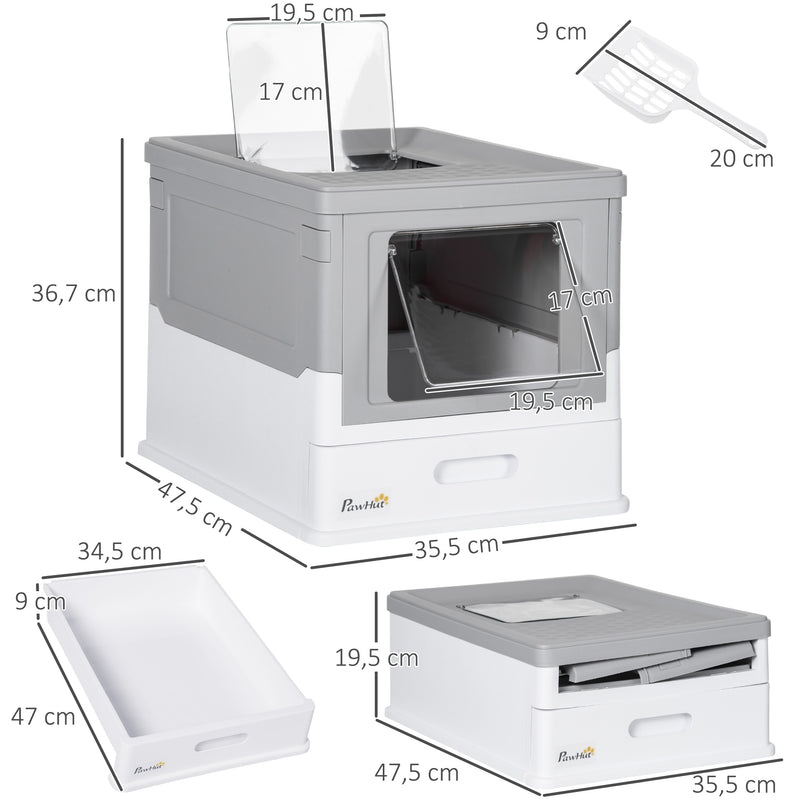 Caixa de Areia para Gatos Dobrável Caixa de Areia para Gatos Fechada com Cobertura Desmontável Bandeja Removível Teto Rebatível Porta de Entrada e Pá 47,5x35,5x36,7cm Cinza